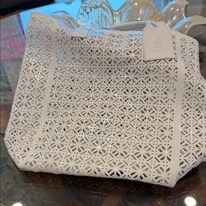 Tory Burch White Laser-Cut Tote with Branded Tag